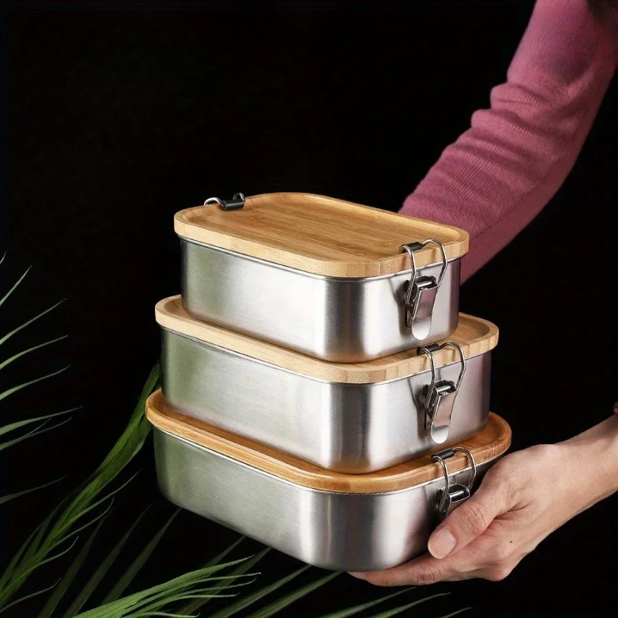New 304 Stainless Steel Bamboo - Food Storage Boxes With Lids review and price